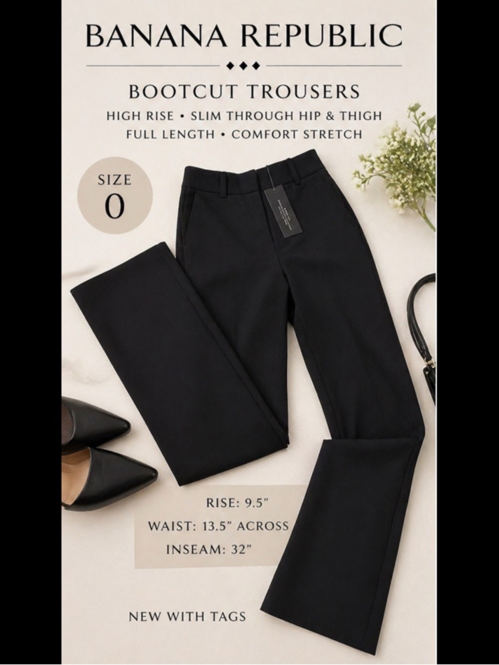 Banana Republic Black Tailored Boot-Leg High-rise Trousers NWT size 0